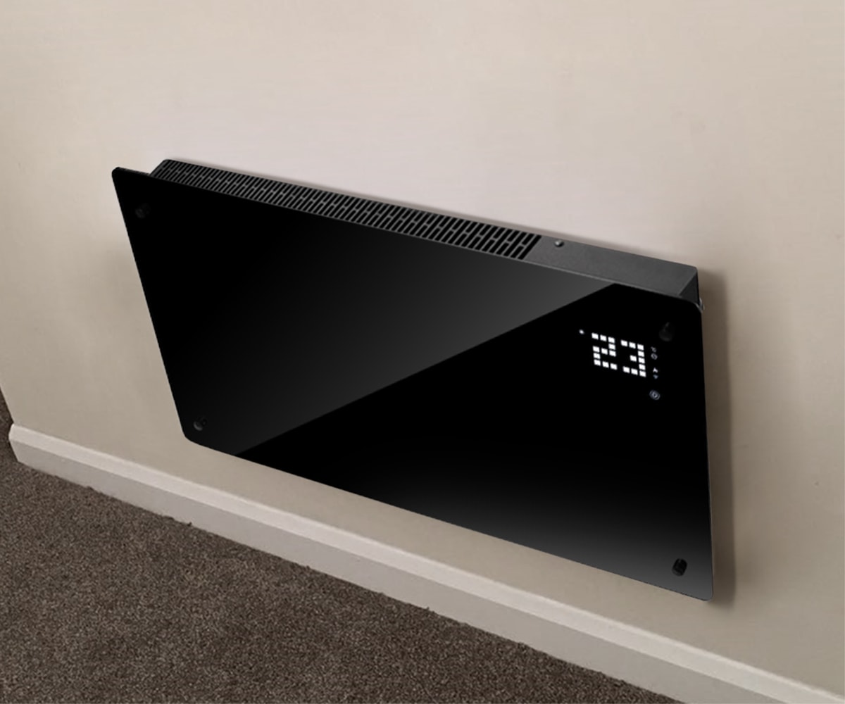 A stylish electric wall heater mounted on a wall in a modern living room.