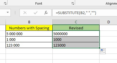 Remove spaces in Excel using the SUBSTITUTE function