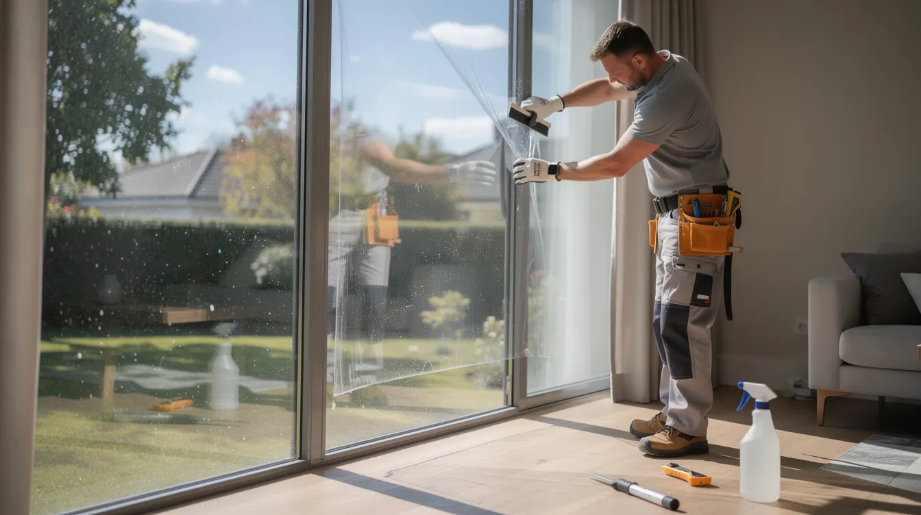 A professional installer is carefully applying window film to a large residential window, with sunlight streaming through and illuminating the space. This scene highlights the expertise involved in home services, showcasing the potential for franchise owners to succeed in the booming home services industry.