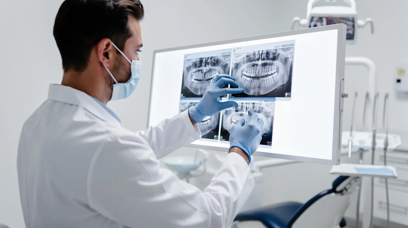 A dental professional is closely examining periapical x-rays on a backlit screen in a clinical setting, showcasing their expertise in diagnosing dental issues and planning treatments. The environment reflects a focus on patient care and safety, typical of a dental implant center or oral surgery practice.