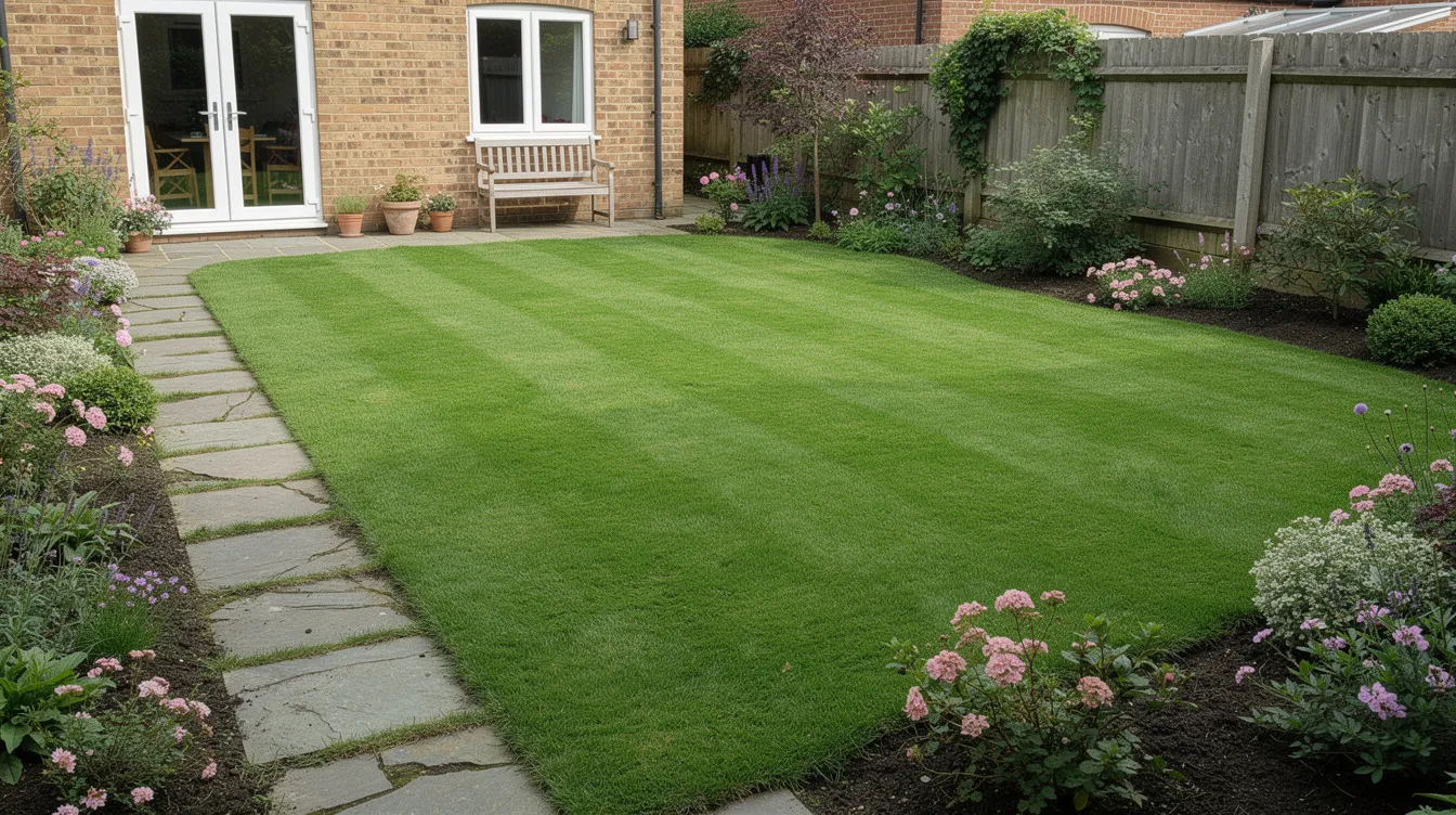 The image depicts a lush green lawn in a beautifully landscaped UK garden, showcasing the results of effective lawn care and transformation. This vibrant, healthy lawn is free of bare patches and weeds, reflecting the benefits of proper lawn feed and seasonal treatments.