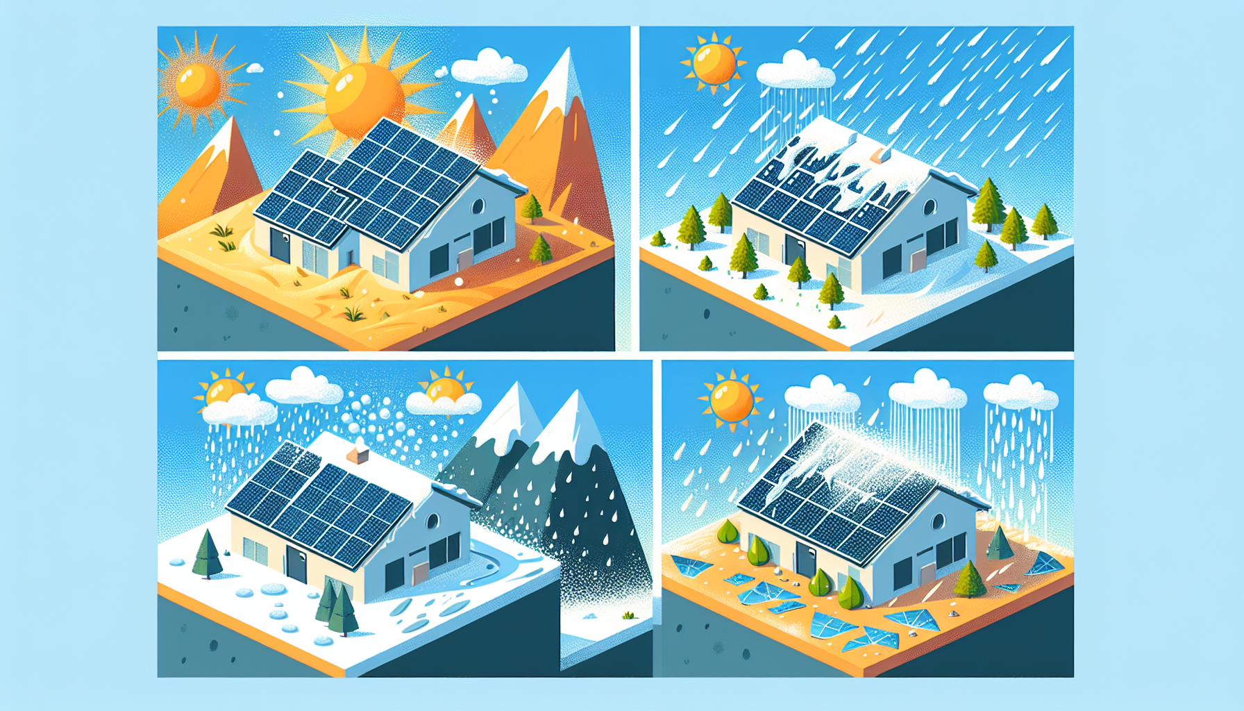 Solar panels on a roof under different climate zones
