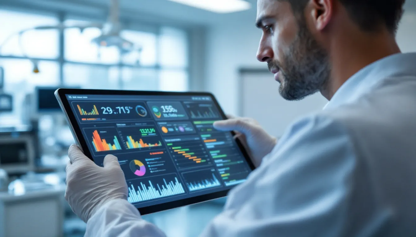 A medical professional is intently reviewing personalized treatment plans on a digital tablet, which displays genomic data visualizations alongside patient data. This scene highlights the integration of healthcare data analytics in improving patient outcomes and optimizing treatment methods through advanced computational techniques.