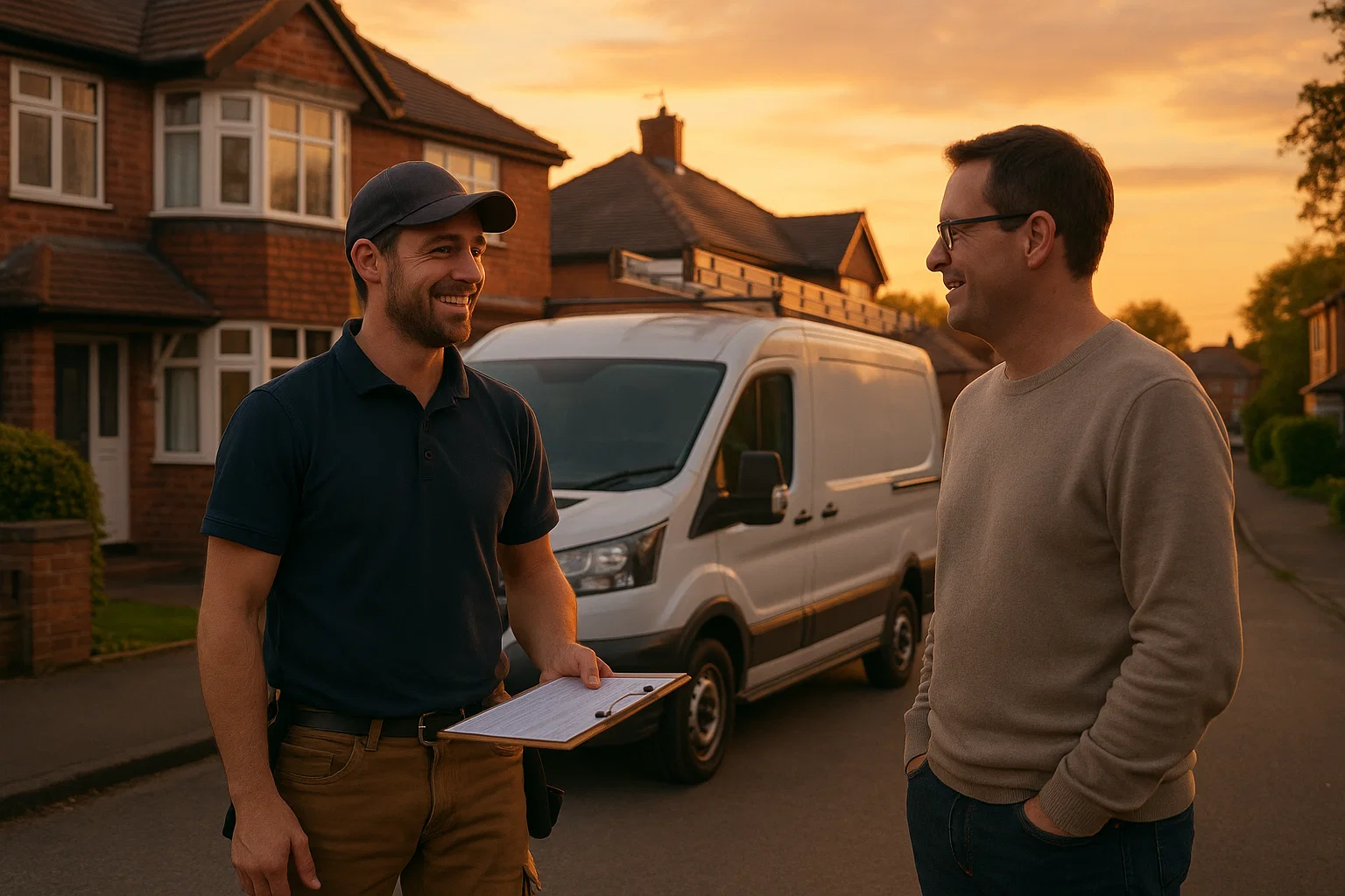 Stockport roofer discussing project details with local homeowner