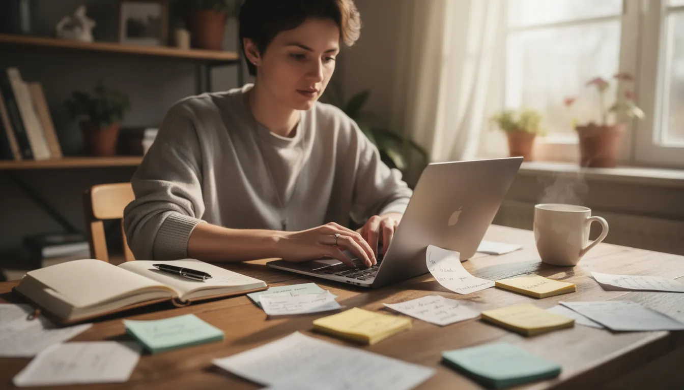 Eine Person sitzt am Laptop und arbeitet an einem Blogartikel, umgeben von Notizen und einer Kaffeetasse. Sie nutzt ein SEO-Tool zur Content-Optimierung und führt Keyword-Recherche durch, um ihre Texte für Google zu verbessern.