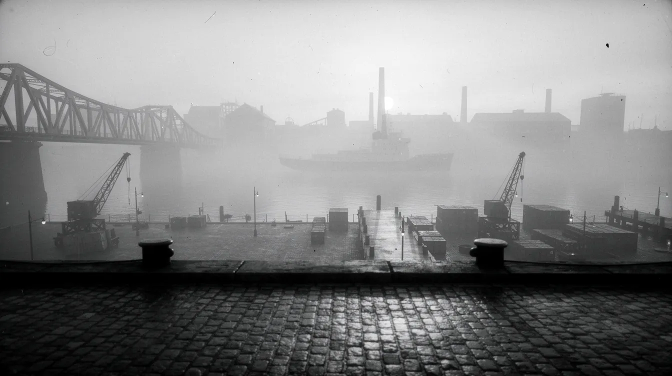 Die neblige Stadtsilhouette im Stil der 1940er Jahre zeigt Hafenanlagen mit einem Schiff im Hintergrund und einer Brücke, alles in stimmungsvollem Schwarz-Weiß, das an den Film Noir erinnert. Diese Atmosphäre könnte perfekt zu einer Szene aus "Der Malteser Falke" passen, in der Sam Spade und seine Ermittlungen im dichten Nebel stattfinden.