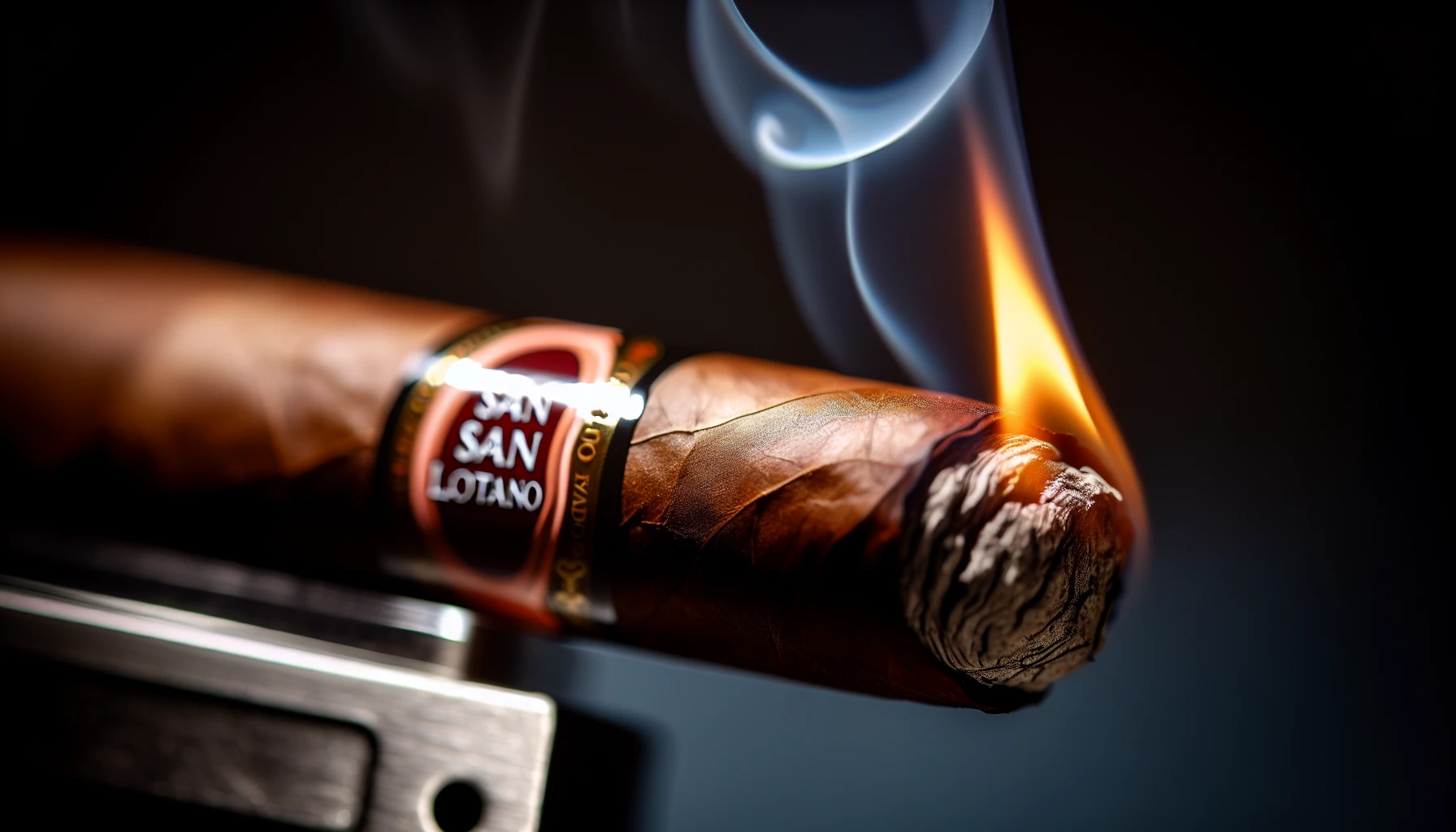 A close-up of a San Lotano Requiem Habano Toro cigar with a lit end, exuding aromatic smoke