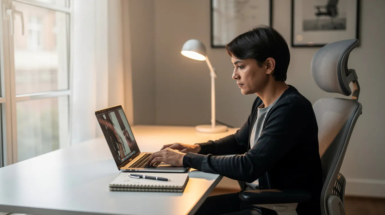 A person is sitting at a desk, intently reviewing a laptop screen in a bright and airy room, possibly exploring online casinos and their various deposit bonuses. The well-lit environment suggests a comfortable space for engaging with online gambling and maximizing free spins offers.