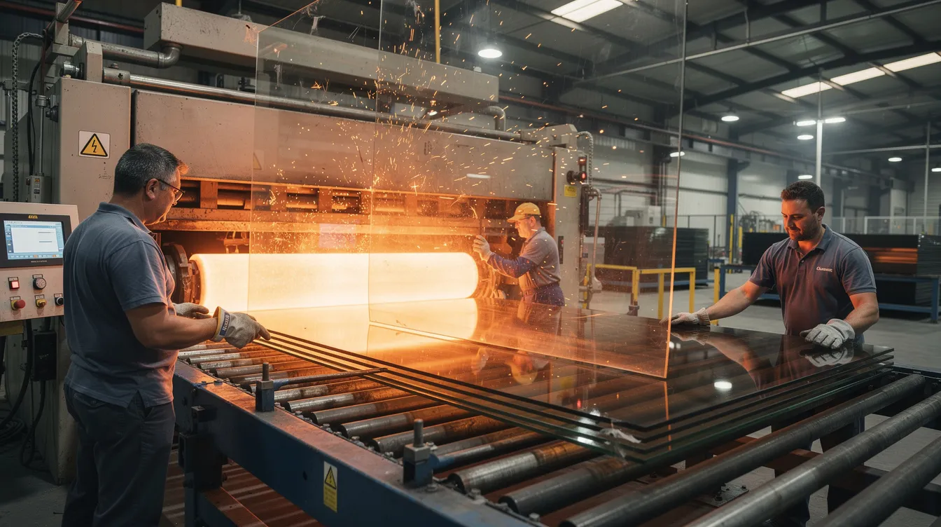 The image depicts men engaged in the manufacturing process of tempered glass, showcasing the careful handling of heated glass as it undergoes the thermal tempering process to enhance its strength and safety. This type of safety glass is designed to withstand high temperatures and is used in various applications, including windows and shower doors, to prevent serious injury from sharp shards in case of breakage.