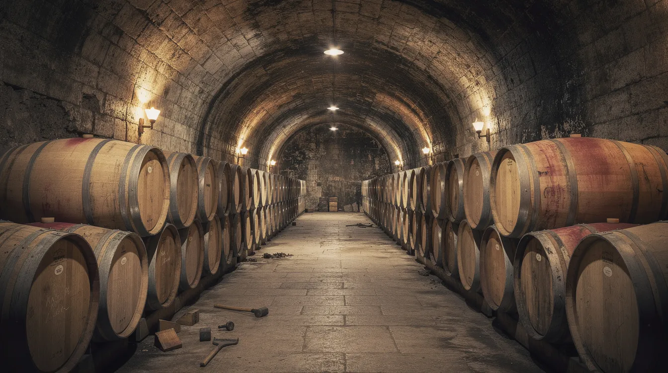 Une cave à vin est présentée avec des barriques en bois soigneusement alignées, évoquant un espace dédié à la dégustation de vins rouges et blancs. L'atmosphère est chaleureuse, invitant à découvrir les arômes et saveurs des différentes cuvées.