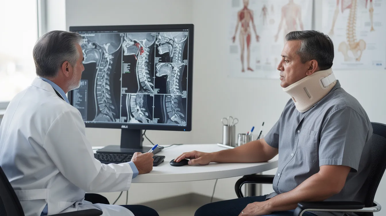 A doctor is examining cervical spine imaging with an injured worker, discussing potential neck injuries related to a workplace accident. The scene highlights the importance of medical treatment and workers compensation benefits for those dealing with back and neck injuries.