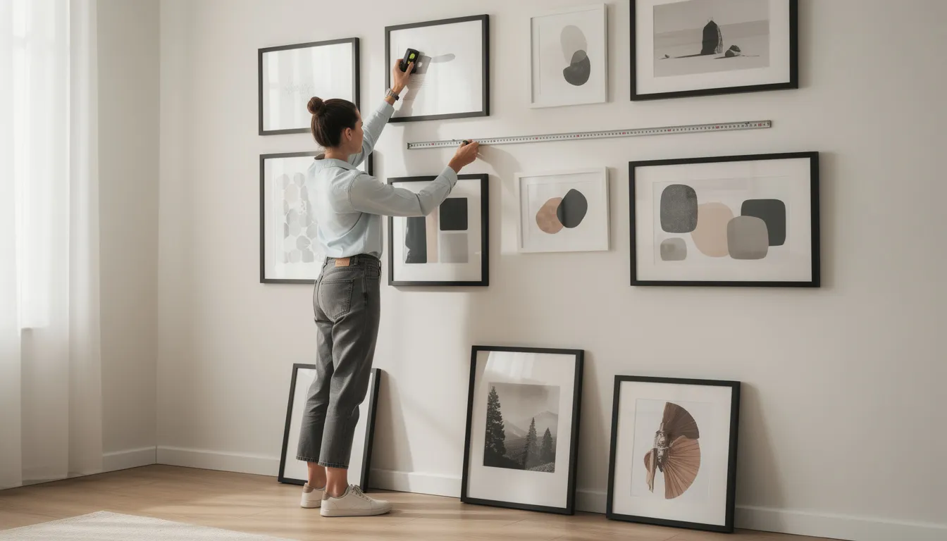 A person is carefully arranging a gallery wall, using a measuring tape and a level tool to ensure the art prints and framed prints are perfectly aligned. The scene showcases the process of decorating a space with wall art, highlighting the attention to detail in creating an aesthetically pleasing display.