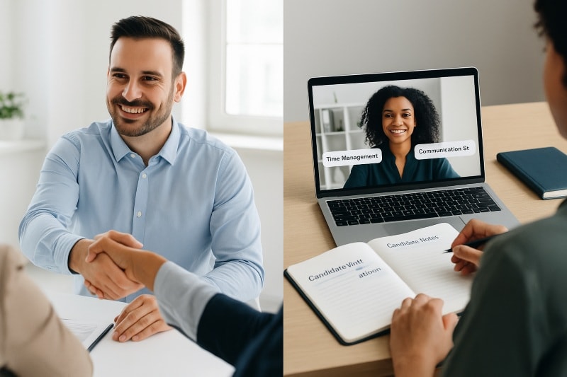 ChatGPT: Alt text: Split-screen image comparing an in-person and virtual interview. On the left, a smiling male candidate in a light blue shirt shakes hands with an interviewer across a desk. On the right, a virtual interview is shown on a laptop screen, featuring a female candidate with labels “Time Management” and “Communication Style.” In front of the laptop, a person writes notes in a notebook labeled “Candidate Notes.”