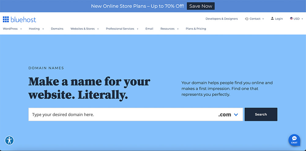 Screenshot from Bluehost website with text "Make a name for your website. Literally"