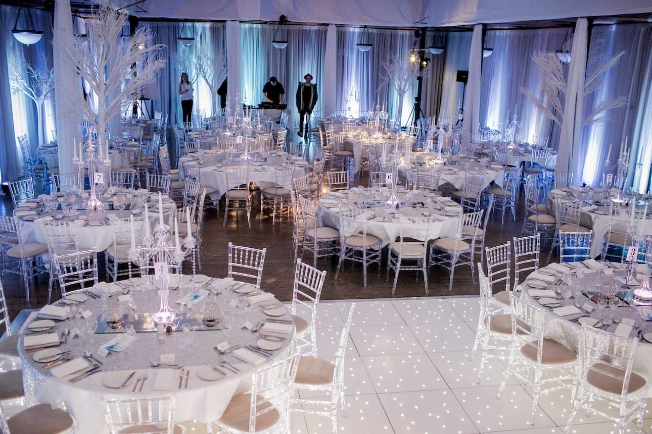 Event venue being decorated and prepared the day before the event.