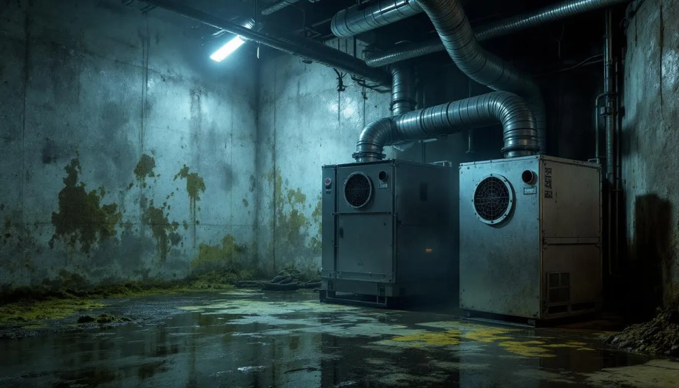 In the image, HEPA filtration equipment is set up in a contaminated basement, with visible signs of rodent droppings and nesting materials scattered around. The use of this equipment is essential for improving indoor air quality and addressing serious health risks associated with rodent waste cleanup.