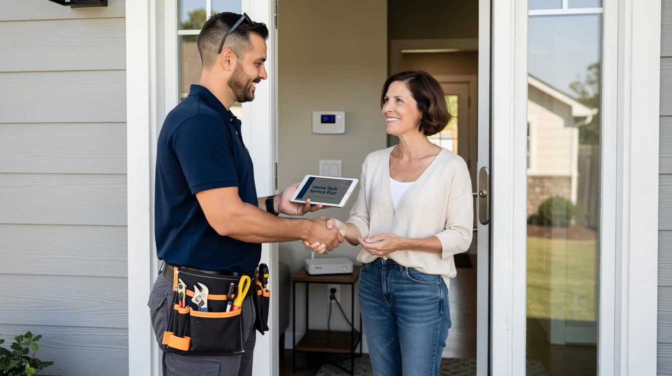 The image depicts a technician in a navy shirt shaking hands with a residential customer, symbolizing a reliable plumbing service. This interaction highlights the importance of customer service in addressing plumbing issues and ensuring a professional response for emergency plumbing needs.