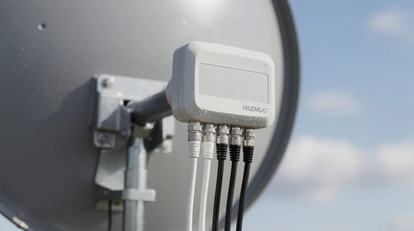 The image shows a close-up view of a Smart LNB mounted on a satellite dish, with various cables, including a coaxial cable, connected to it. This setup is essential for receiving signals for DSTV decoders, such as the DSTV Explora, enabling access to HD content and streaming apps.