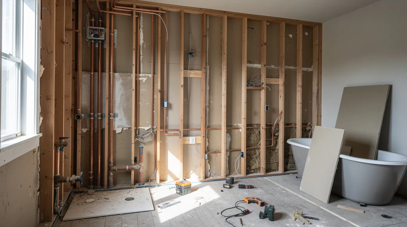 The image depicts a residential bathroom in the midst of renovation, showcasing exposed wall studs and visible plumbing pipes, illustrating the house flipping process. This scene highlights the challenges and unexpected renovation costs that real estate investors face when flipping houses.