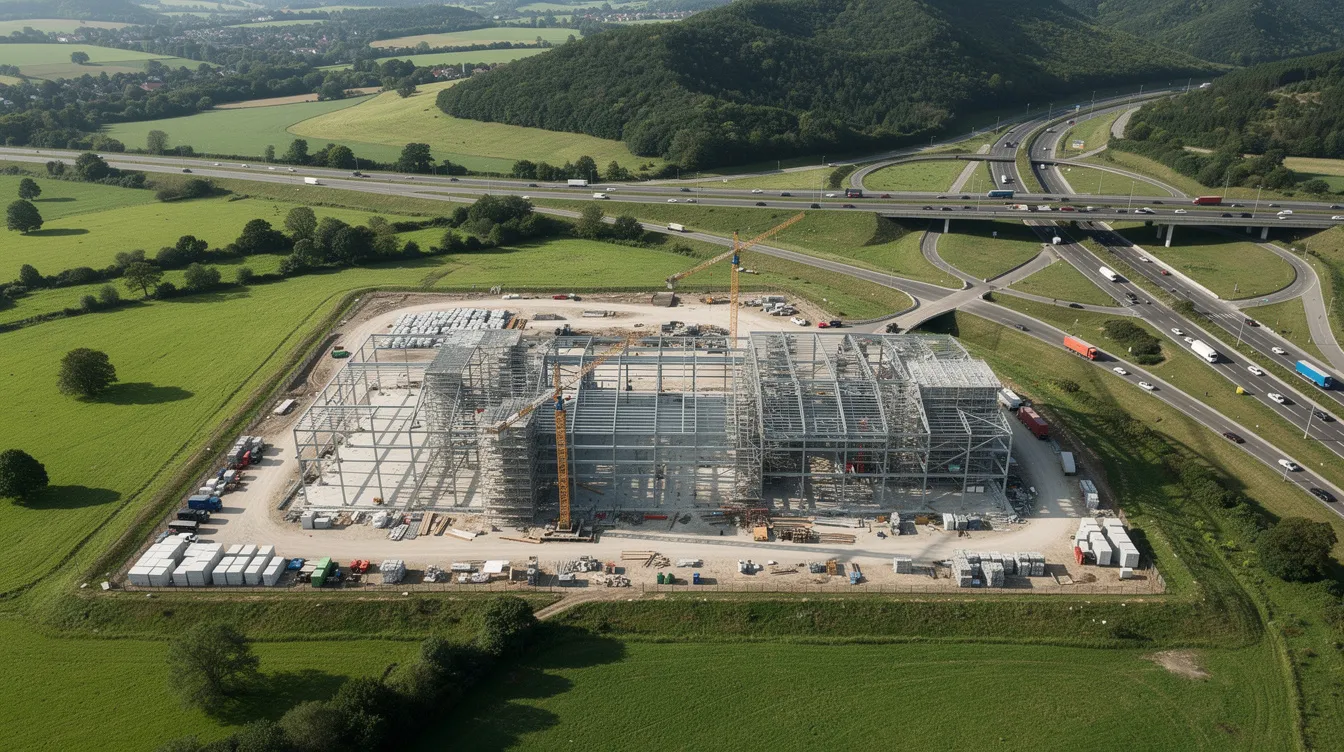 An aerial view showcases a large warehouse under construction in a lush green valley, with a highway interchange visible nearby, highlighting the ongoing construction projects in the area. This site represents significant development opportunities and potential construction jobs for local contractors and subcontractors.
