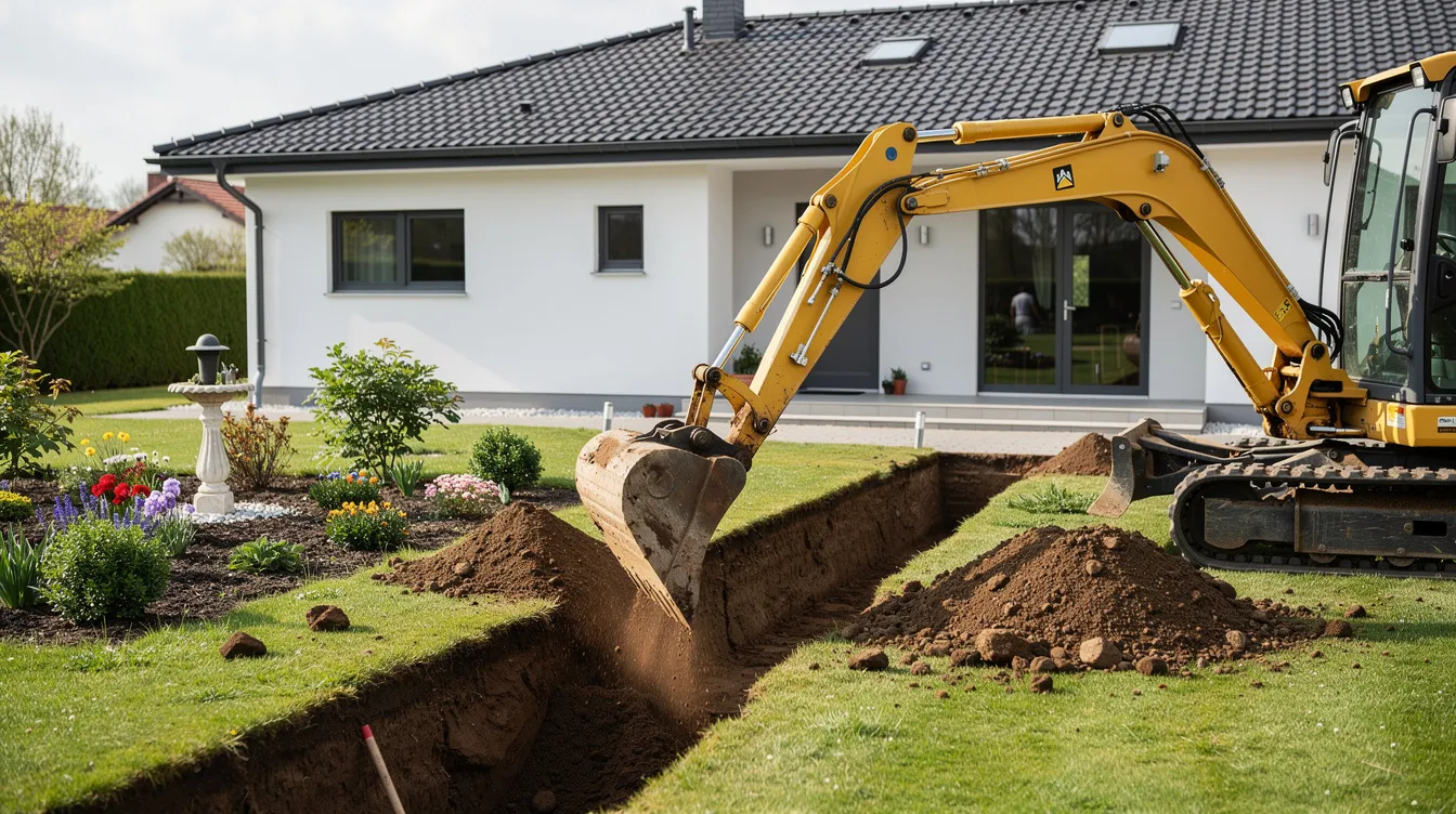 Image d'un engin de chantier jaune en train de creuser une fouille dans un jardin résidentiel, préparant l'installation d'une fosse toutes eaux pour le traitement des eaux usées. On peut voir des terres déplacées autour de la machine, symbolisant les travaux d'assainissement en cours.
