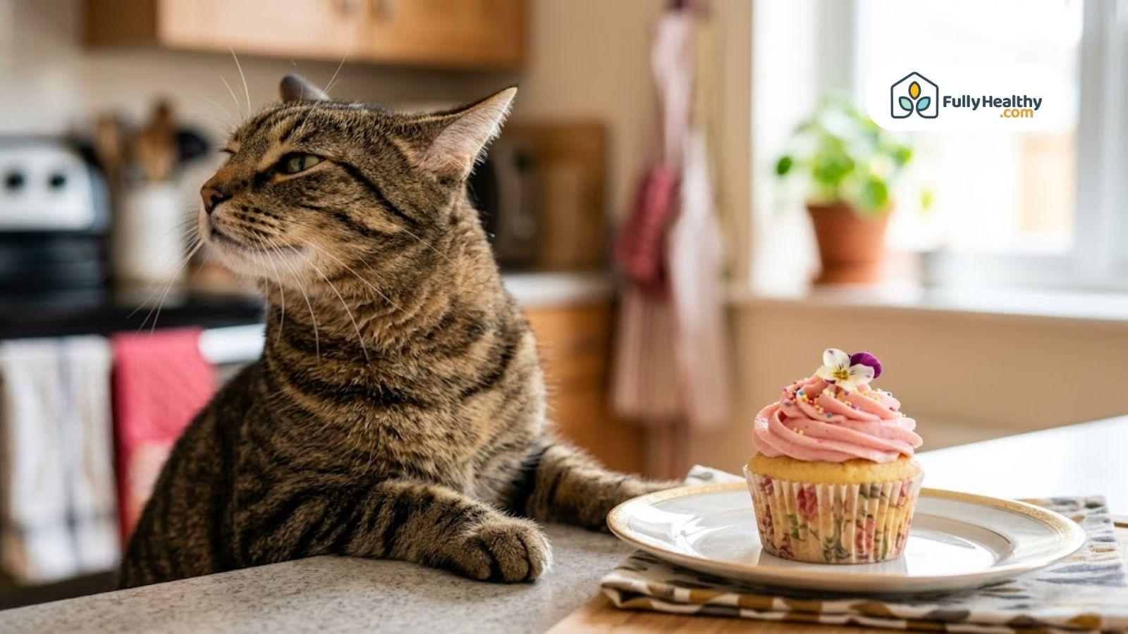 Cat sitting beside a cupcake and looking away, showing no interest in sweets.