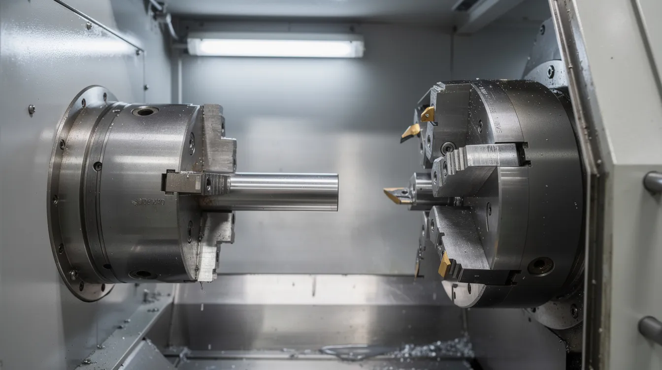 The image depicts the interior of a CNC lathe machine, showcasing the spindle chuck gripping a metal rod while the tool turret is positioned nearby, ready with various cutting tools for the machining process. This setup illustrates the precision and complexity involved in CNC turning operations, essential for producing intricate parts with high accuracy.
