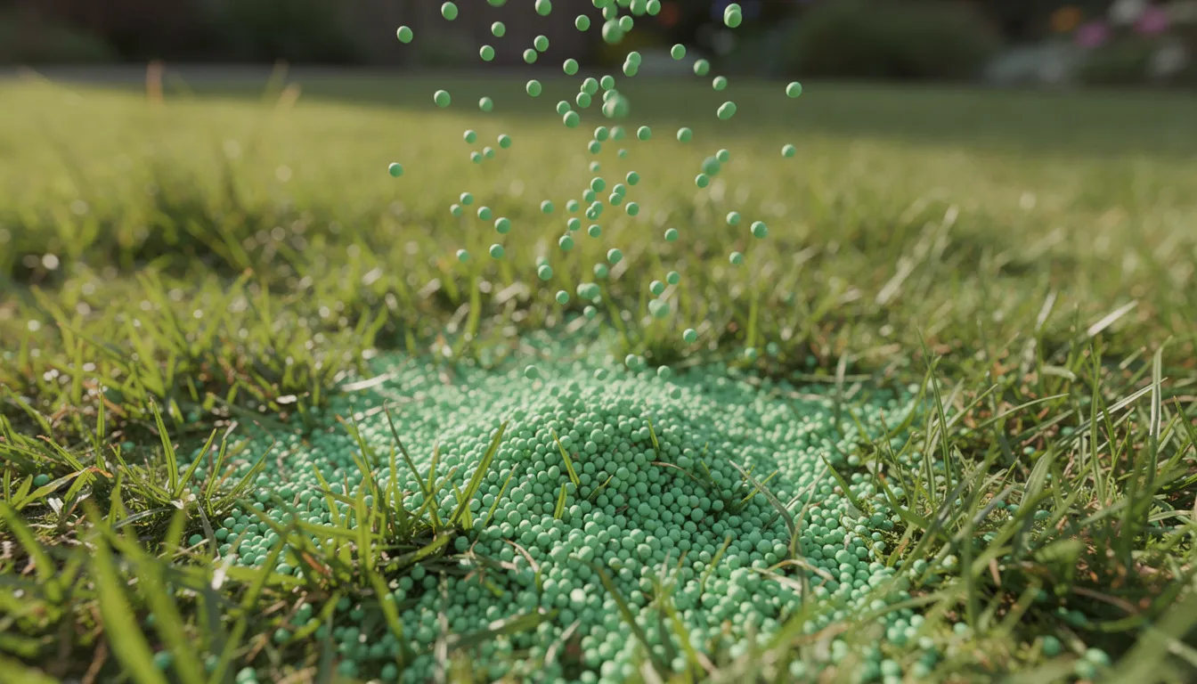 The image shows green fertiliser granules being evenly spread across a lush spring lawn, promoting healthy grass growth and preventing weeds. This spring lawn maintenance activity helps to nourish the soil and prepare the existing lawn for vibrant growth as the weather warms.