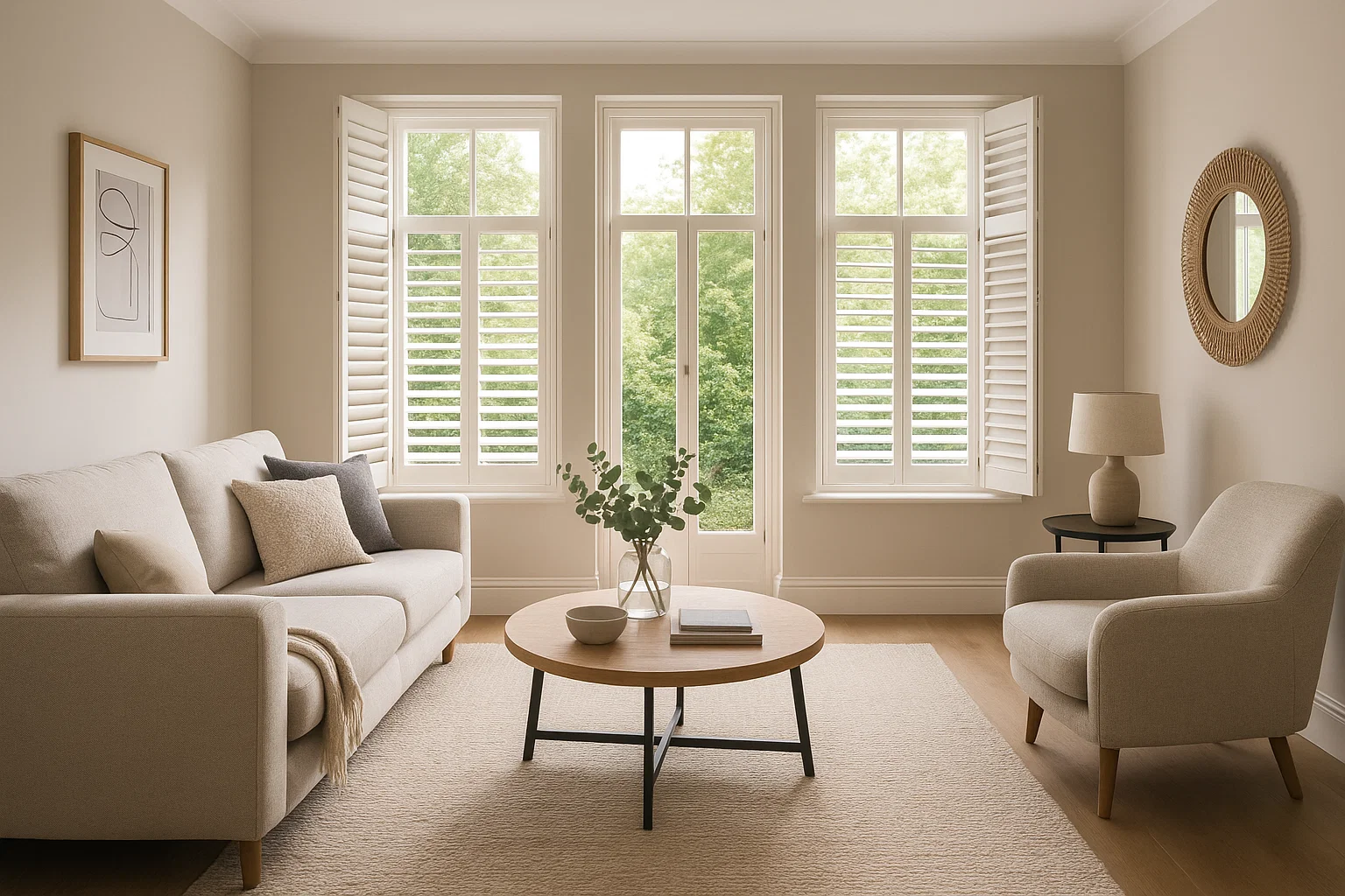 Plantation shutters open in a bright modern UK living room