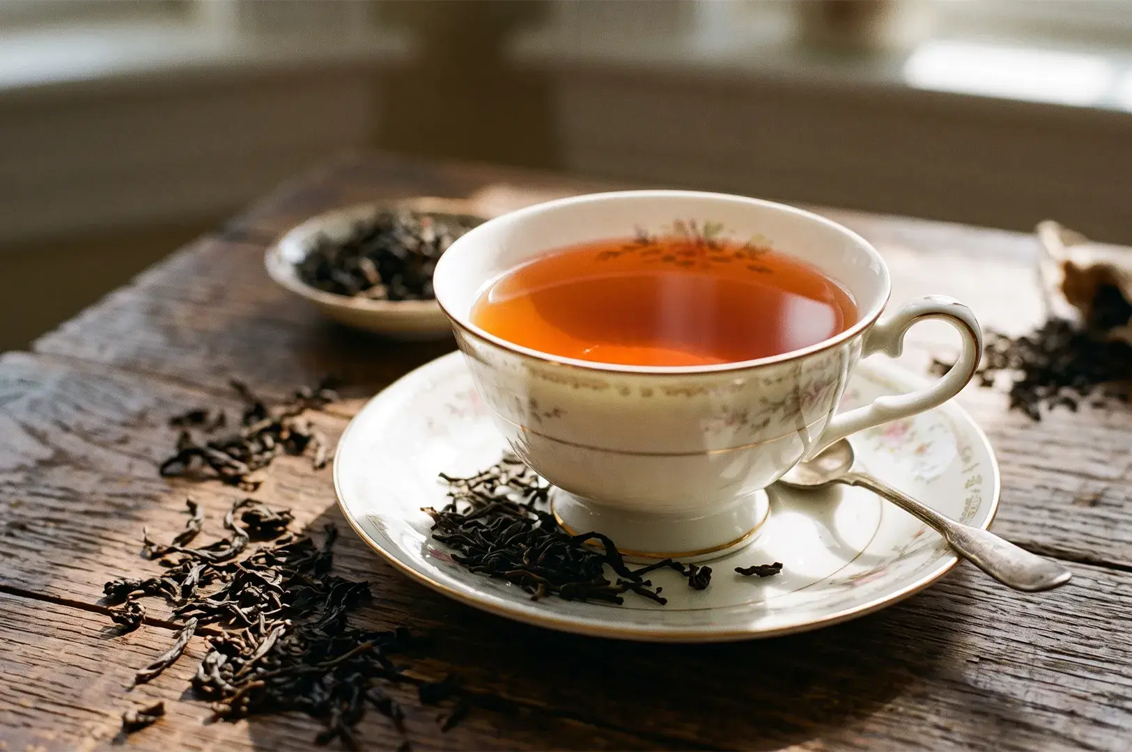 Elegant white floral teacup filled with amber tea on a matching saucer, surrounded by loose tea leaves on a rustic wooden table.