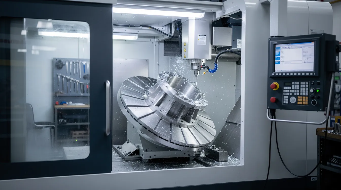 A five-axis CNC machining center is actively working on a titanium aerospace component, featuring a rotating table that allows for complex operations and high precision. This automated manufacturing process utilizes advanced CNC technology to efficiently produce intricate shapes and parts in the manufacturing industry.