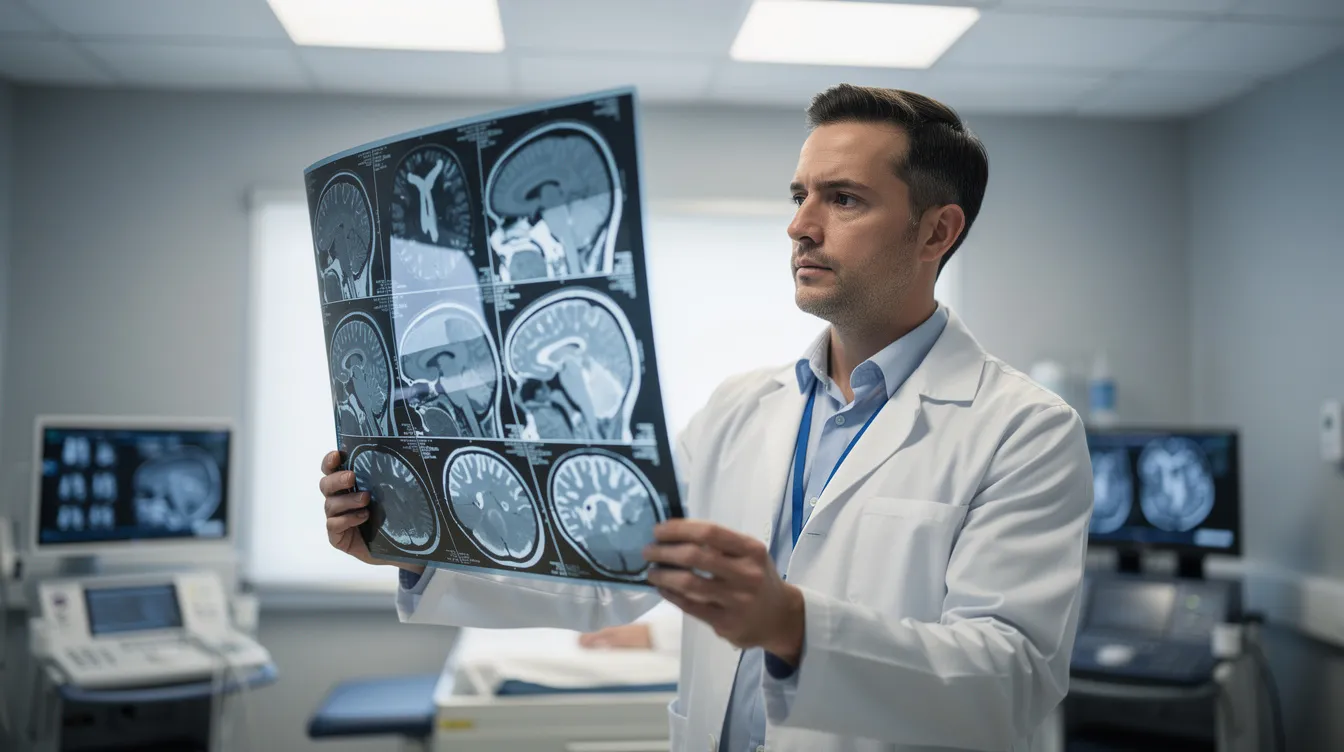 A doctor is examining a CT scan of a patient's head, focusing on the brain tissue to assess for any signs of traumatic brain injury, such as brain bleeds or other potential complications from head trauma. The image highlights the importance of immediate medical attention for conditions like intracranial hemorrhage that can arise from a blow to the head.