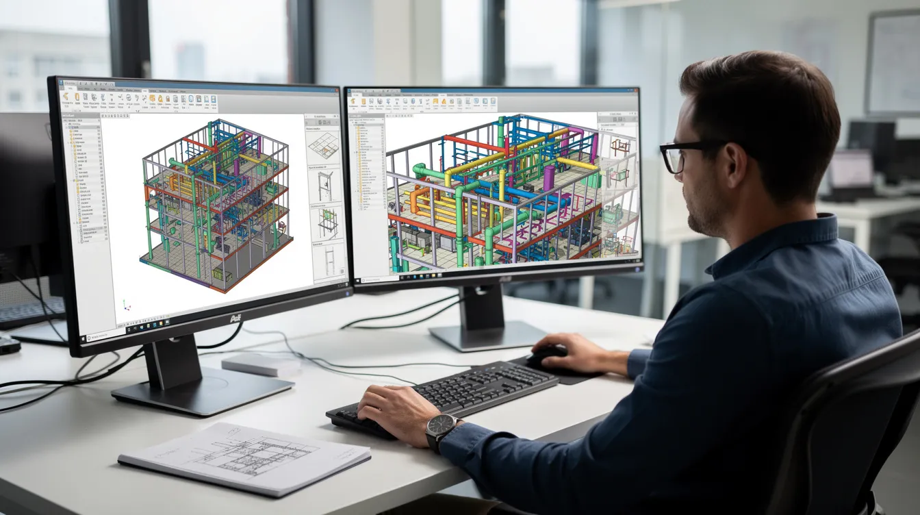 Ein BIM-Modellierer arbeitet sorgfältig an zwei Monitoren und integriert Architektur- und Ingenieurmodelle, um das Projektmanagement zu verbessern und die Kommunikation im Architekturbüro zu optimieren. Dieses Setup zeigt den Einsatz von BIM-Software, die eine nahtlose Koordination und effiziente Entwurfsprozesse ermöglicht und letztendlich Innovationen in der Bauindustrie vorantreibt.