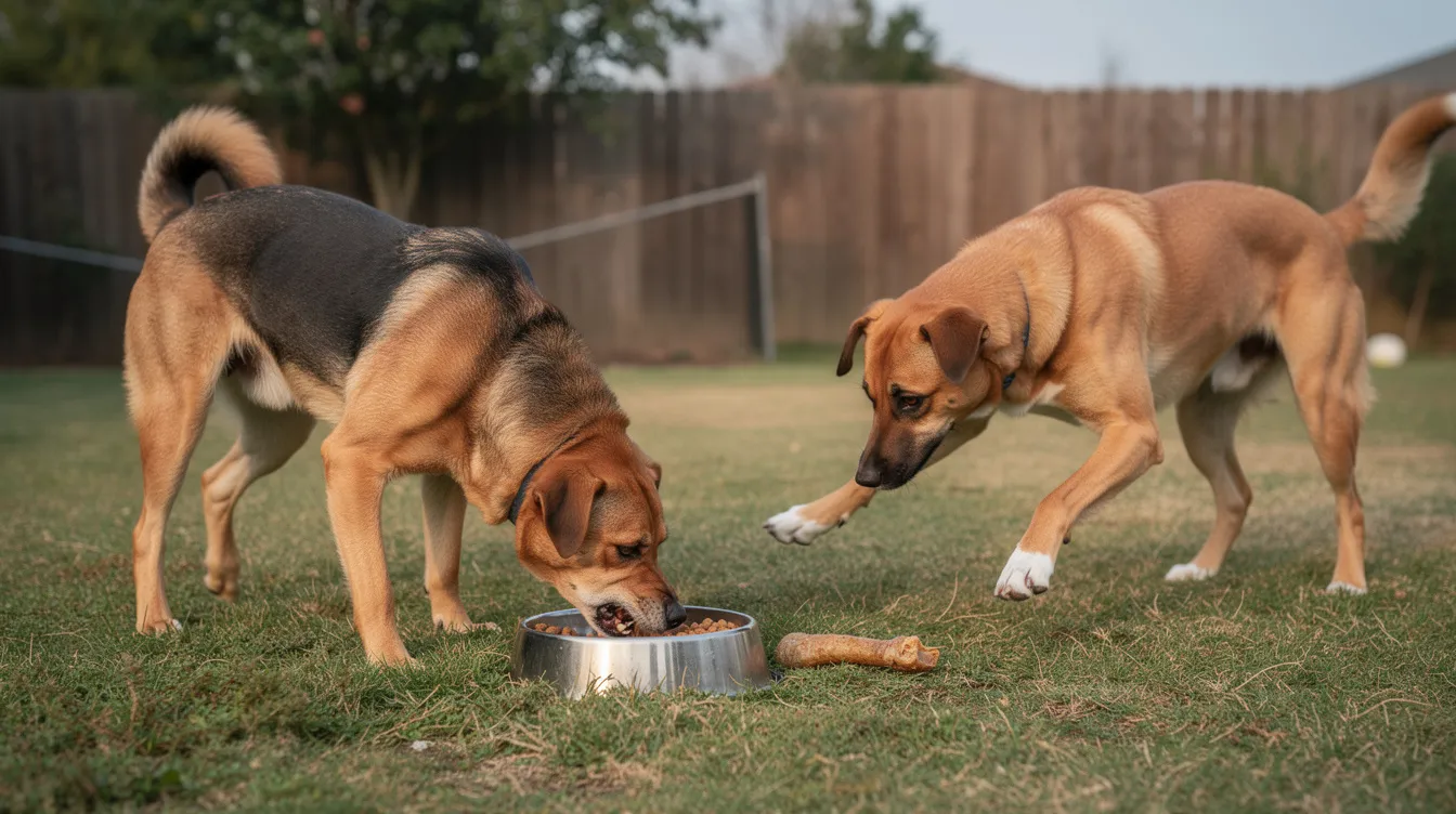 The image depicts two dogs in a living room setting, where one dog is standing protectively over a food bowl while the other dog approaches cautiously, illustrating resource guarding behavior. The guarding dog's tense posture and growling indicate its emotional response to the perceived threat to its valuable resource.