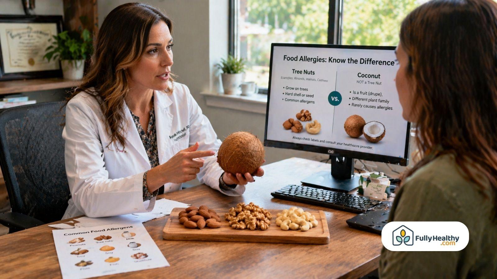 Doctor explaining coconut versus tree nuts allergy differences to patient