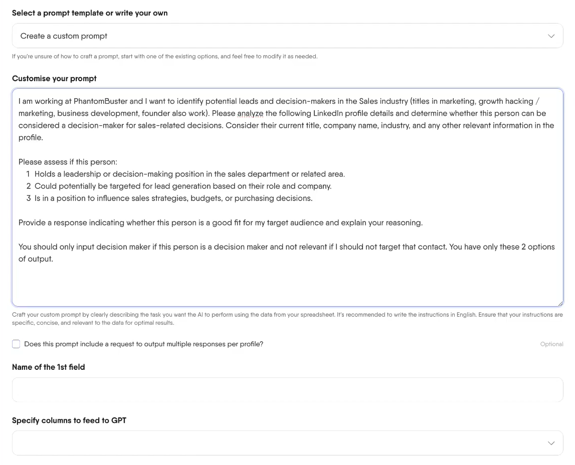 Screenshot showing an example AI qualification prompt in PhantomBuster