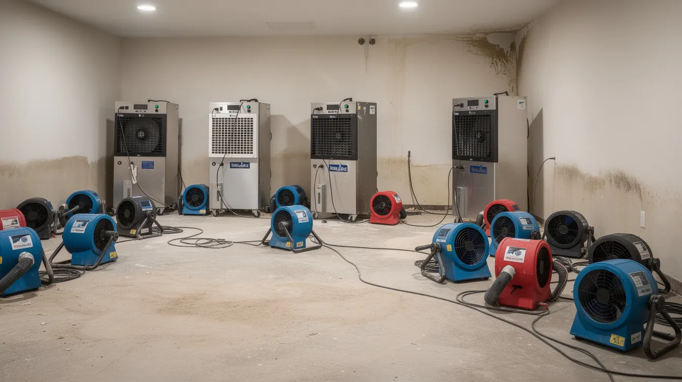 The image shows industrial dehumidifiers and air movers strategically placed in a room to facilitate structural drying, likely in response to water damage from a slab leak. This setup is essential for preventing mold growth and maintaining the home's structural integrity after plumbing leaks.