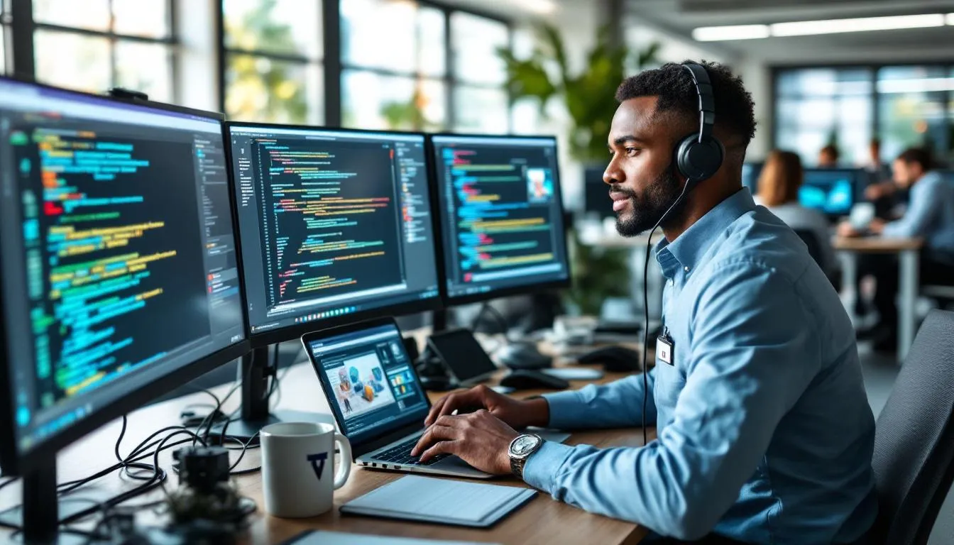 Das Bild zeigt verschiedene Karrierewege im IT-Support, einschließlich Spezialisierungen wie First Level Support und Second Level Support. Es verdeutlicht die Aufgaben und Herausforderungen, die IT-Support-Mitarbeiter in Unternehmen bewältigen, sowie die erforderlichen IT-Kenntnisse und die Entwicklungsmöglichkeiten in diesem Bereich.