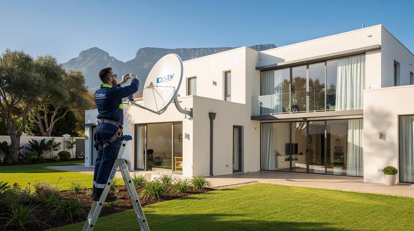 The image depicts a skilled technician performing a DStv satellite dish installation in Bishopscourt, showcasing the professional installation services offered by accredited installers. The technician is carefully aligning the satellite dish to ensure optimal signal reception for uninterrupted entertainment.