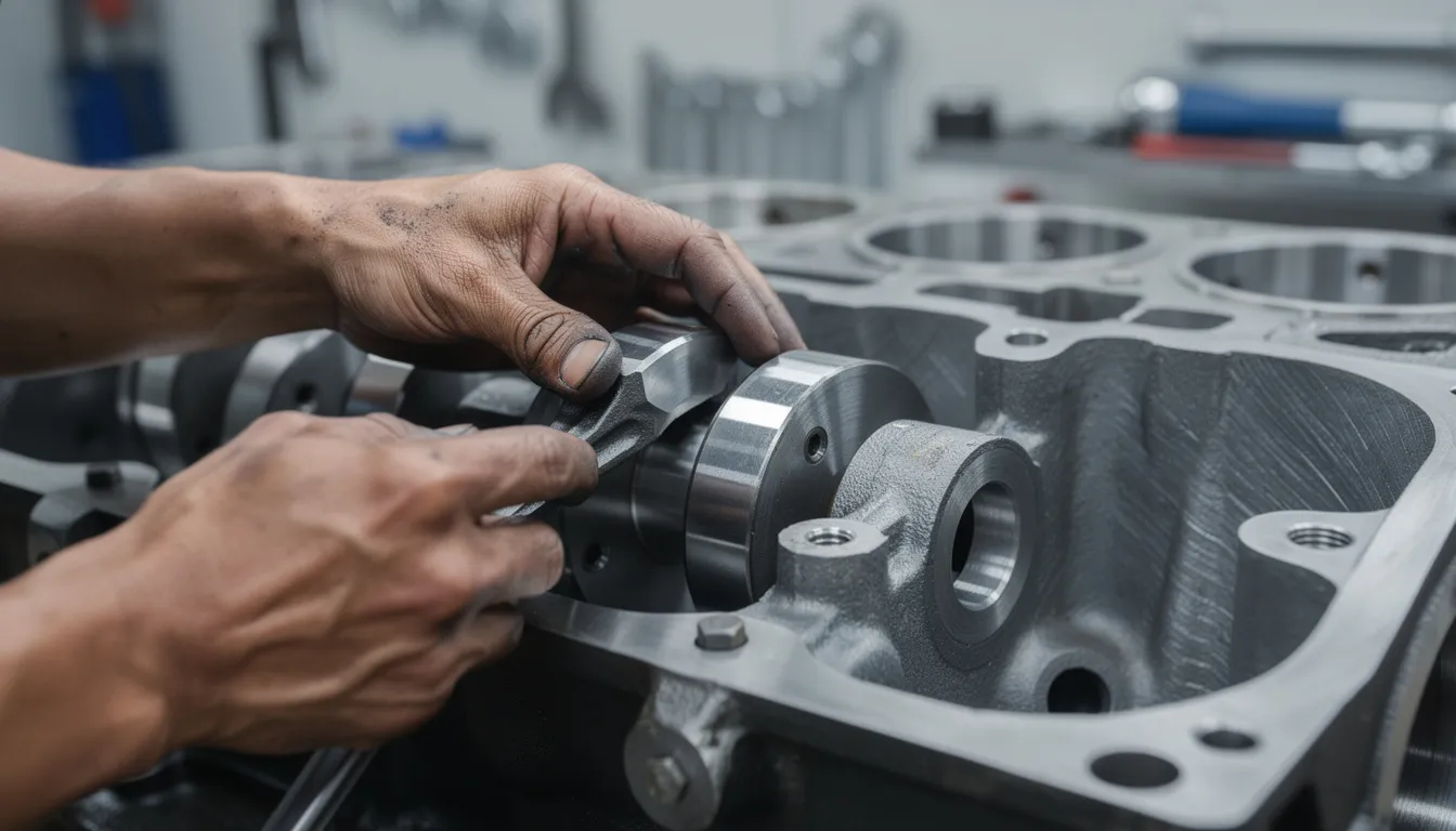 A mechanic's hands are carefully installing a connecting rod onto a crankshaft journal within a clean engine block, ensuring proper alignment and fit of the rod bearings. The workspace reflects a meticulous machine shop environment, emphasizing precision in the assembly process.