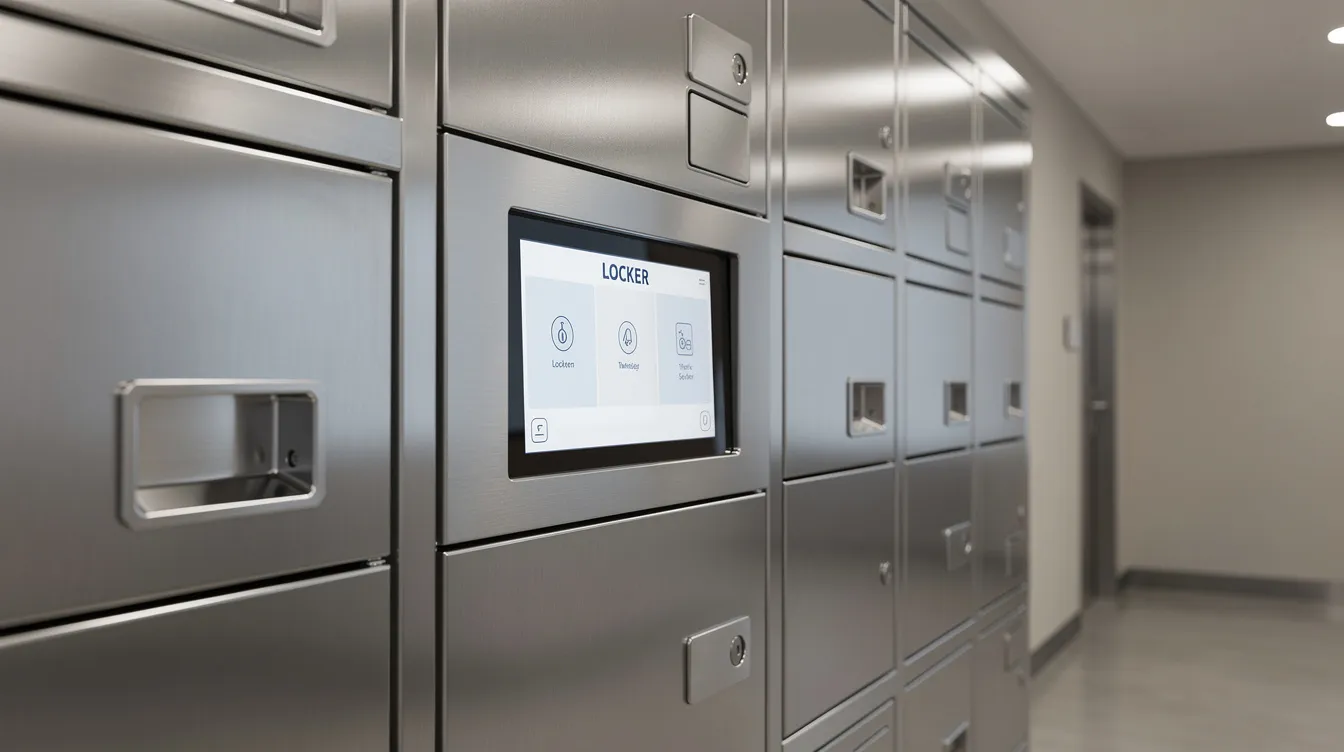 The image shows a close-up view of a heavy-duty steel smart locker unit featuring a touchscreen panel and multiple bay sizes, positioned in a hallway. This smart locker solution offers secure storage for valuable assets and includes mobile app access for enhanced convenience and operational efficiency.