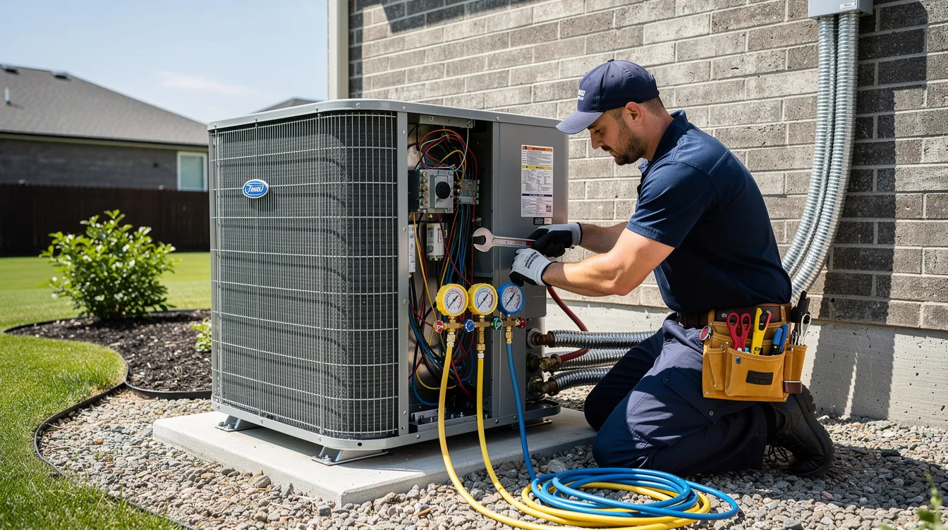 An HVAC technician is seen installing a new outdoor air conditioning unit, carefully connecting the major components such as the condenser coil and wiring. This air conditioner repair service aims to enhance system efficiency and improve indoor air quality for homeowners.