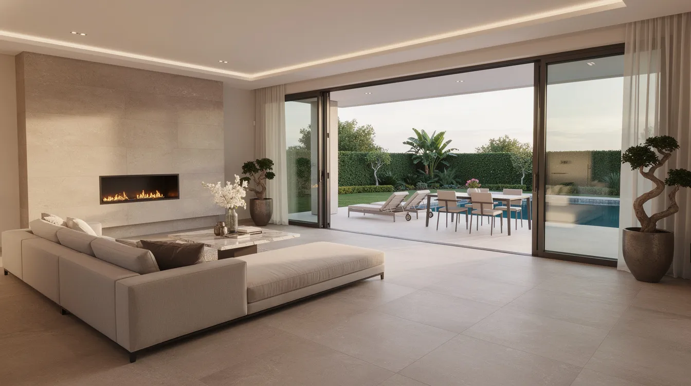 The image depicts a luxurious living room that seamlessly opens to a patio and pool area, showcasing continuous stone-look tile flooring that enhances the indoor and outdoor spaces. This elegant design features polished finishes and a fluid transition between the indoor and outdoor areas, creating a perfect environment for relaxation and entertaining.