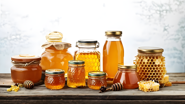 local honey, honey jars, honeycomb, beeswax, rustic table, honey display, organic honey, natural sweetener, honey products, beekeeping, honey varieties, raw honey, fresh honey, homemade honey, artisan honey, honey farm, bee products, rustic decor, honey packaging, golden honey, farm-to-table, sweet honey, local produce, organic products, honey stall, ai generated