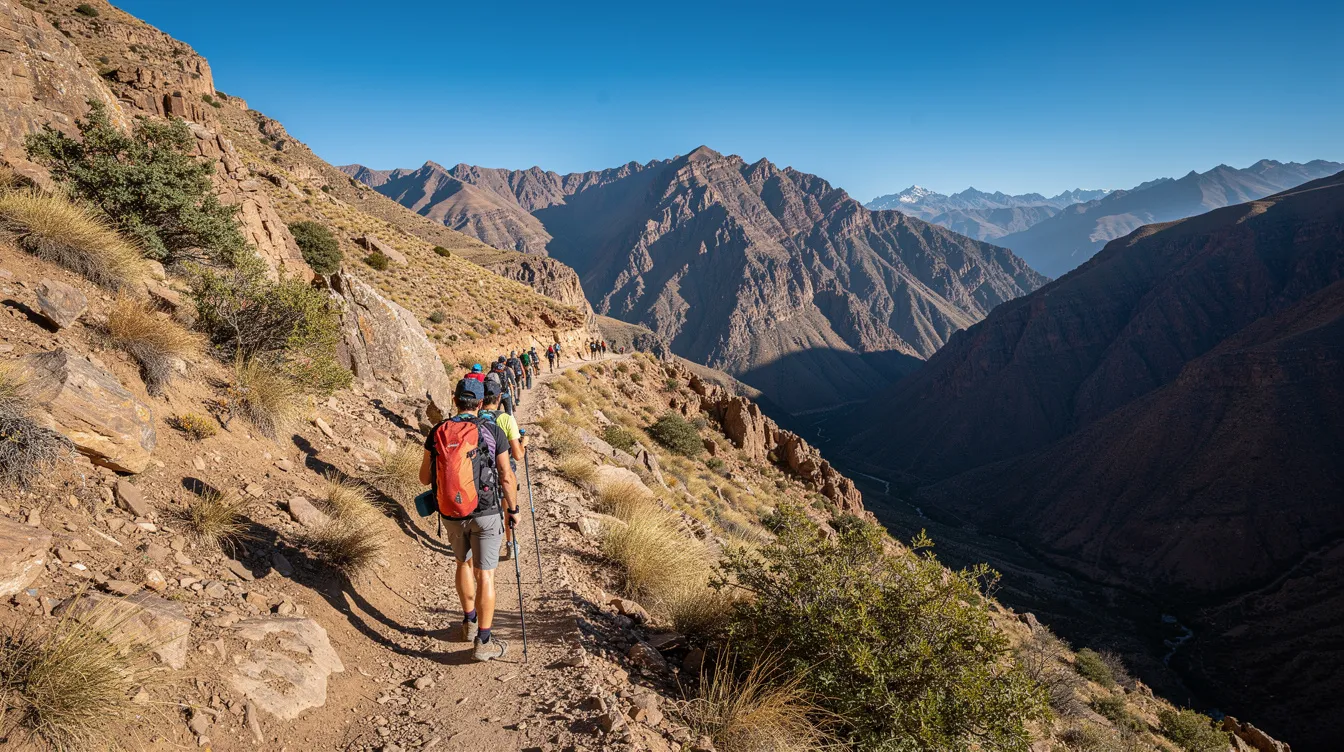 A group of hikers traverses a rocky trail in the High Atlas Mountains under clear summer skies, showcasing the rugged terrain typical of Morocco in July. The scene captures the essence of outdoor adventure amidst the dry heat and high temperatures of the summer season.