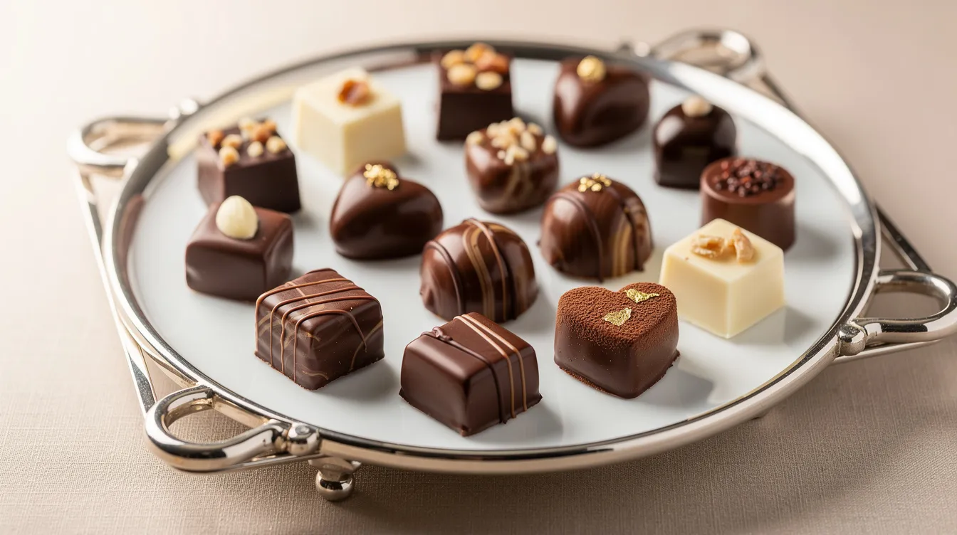Un élégant plateau présente un assortiment de pralines belges variées, mettant en avant le savoir-faire des artisans chocolatiers. Ces douceurs, aux saveurs raffinées, incarnent la passion et la qualité du chocolat belge, parfaites pour les amateurs de gourmandises.