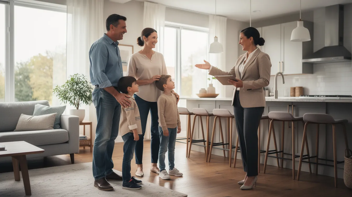 Une famille explore l'intérieur d'une maison avec un agent immobilier, discutant des étapes de l'achat d'une propriété. L'agent présente les caractéristiques de la maison, tandis que les membres de la famille expriment leur enthousiasme pour leur rêve d'acquérir une nouvelle habitation.