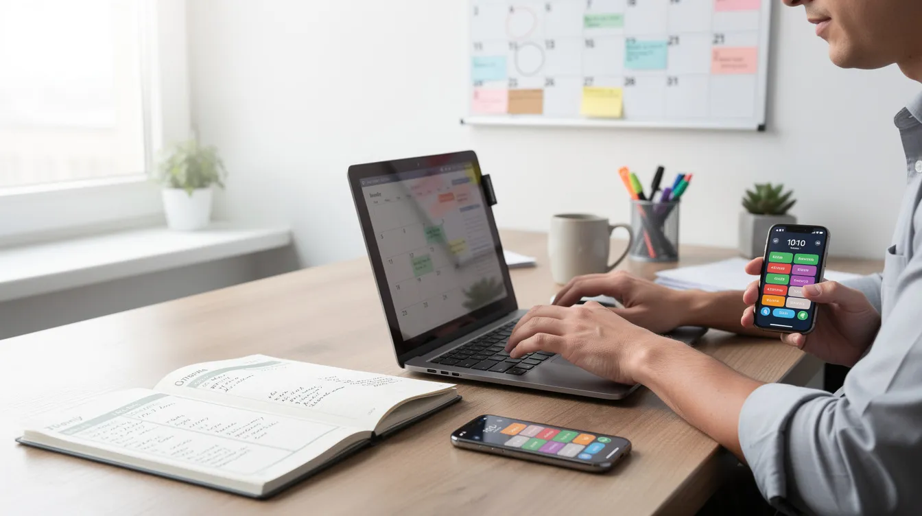 A business owner is focused on their laptop at a desk, surrounded by scheduling tools and a calendar, as they work on optimizing their Google business profile to attract more local customers. The scene highlights the importance of managing business information and staying engaged with customers through regular updates and positive reviews.