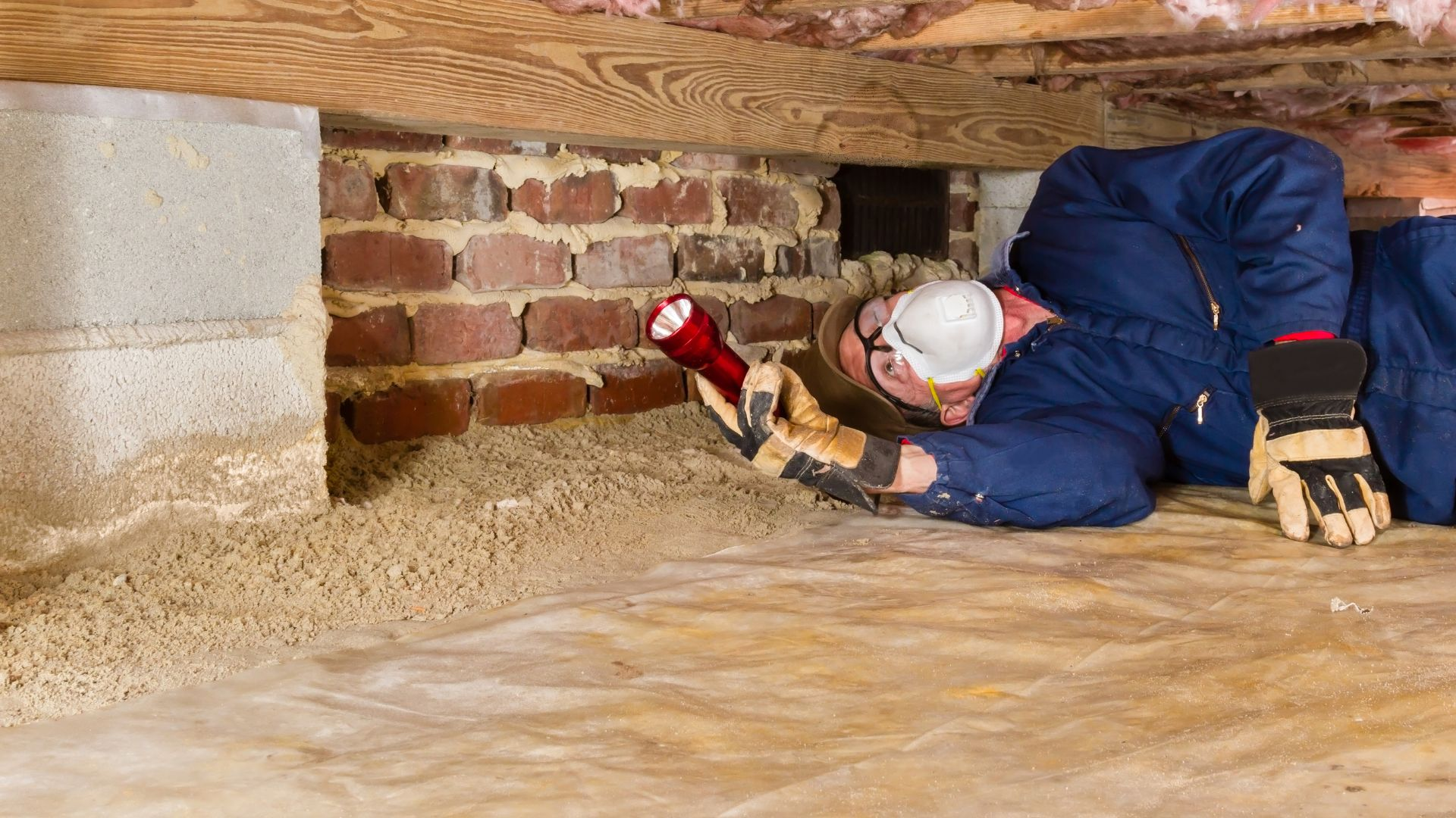 An image of a pest control expert inspecting a crawl space for signs of termite damage.