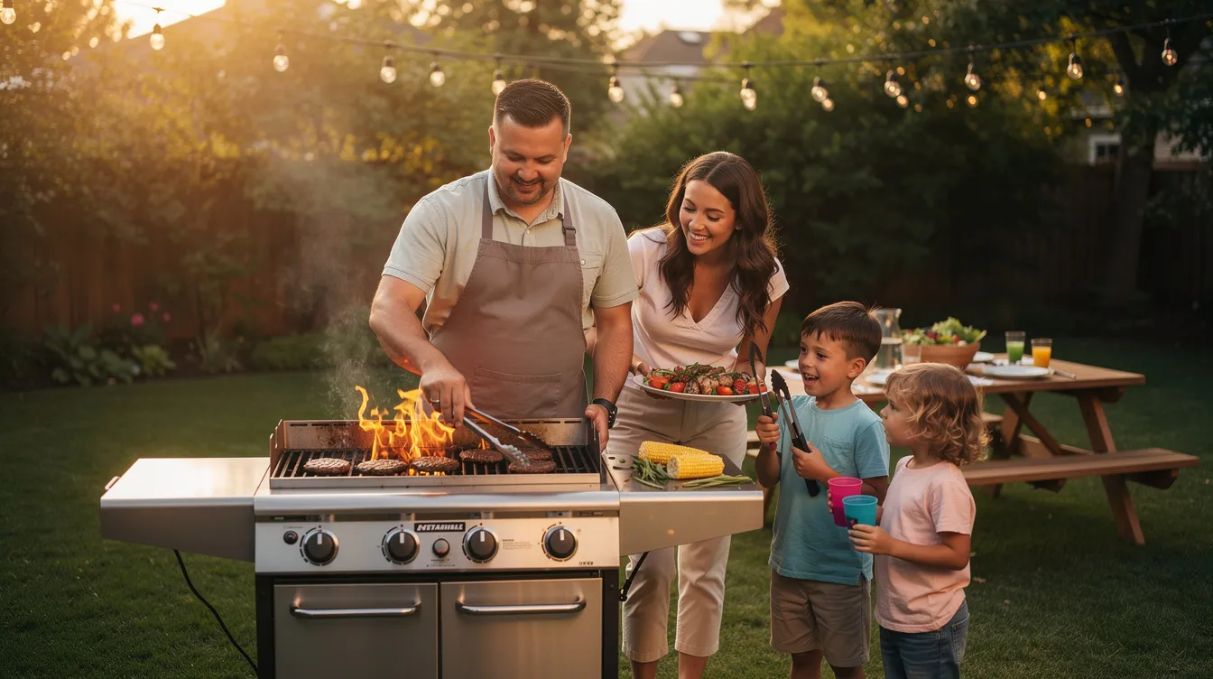 A family stands together in a backyard, joyfully gathered around an outdoor grill, preparing food for a cookout. The scene captures the warmth of togetherness, with people engaged in grilling while safety measures are taken into account, such as using grill brushes with wire bristles to ensure clean cooking surfaces.